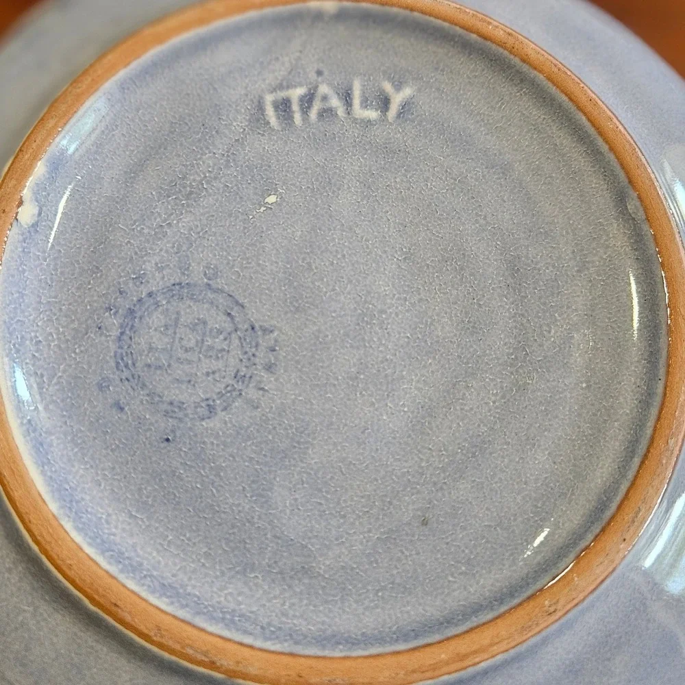 Vtg Italian Pottery Centerpiece Bowl Blue Aqua Freeform Incised Floral Italy 11